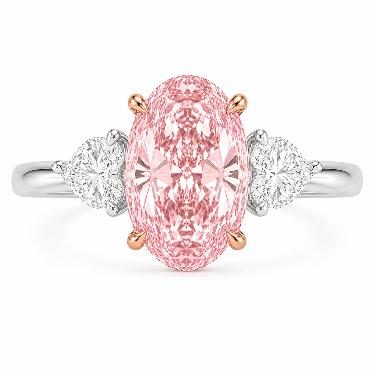 5.73 Carats Oval with Heart Side Stones Lab Grown Fancy Vivid Pink Diamond Engagement Ring