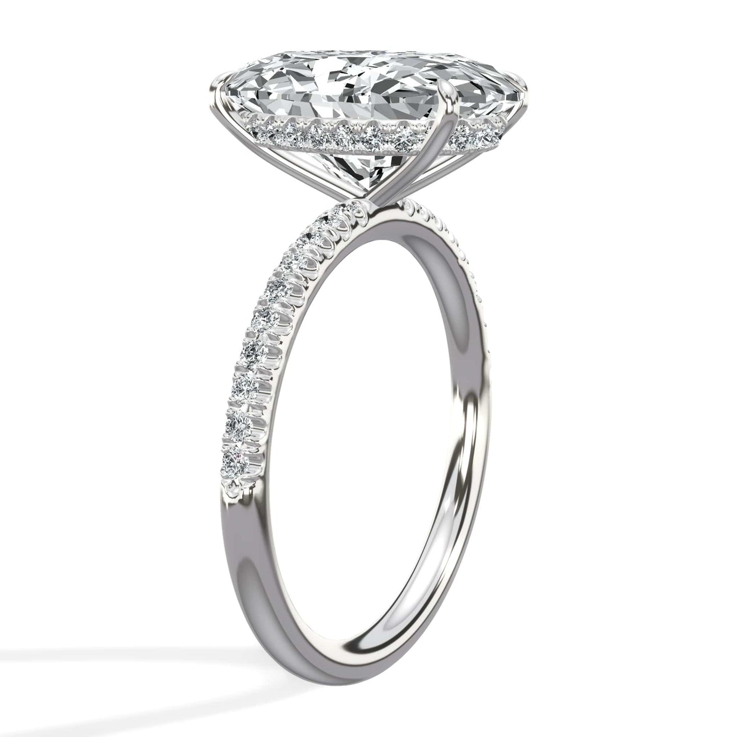 5.50 Carats Lab Grown Oval Cut Micropaved Side Stones Hidden Halo Diamond Engagement Ring White Gold