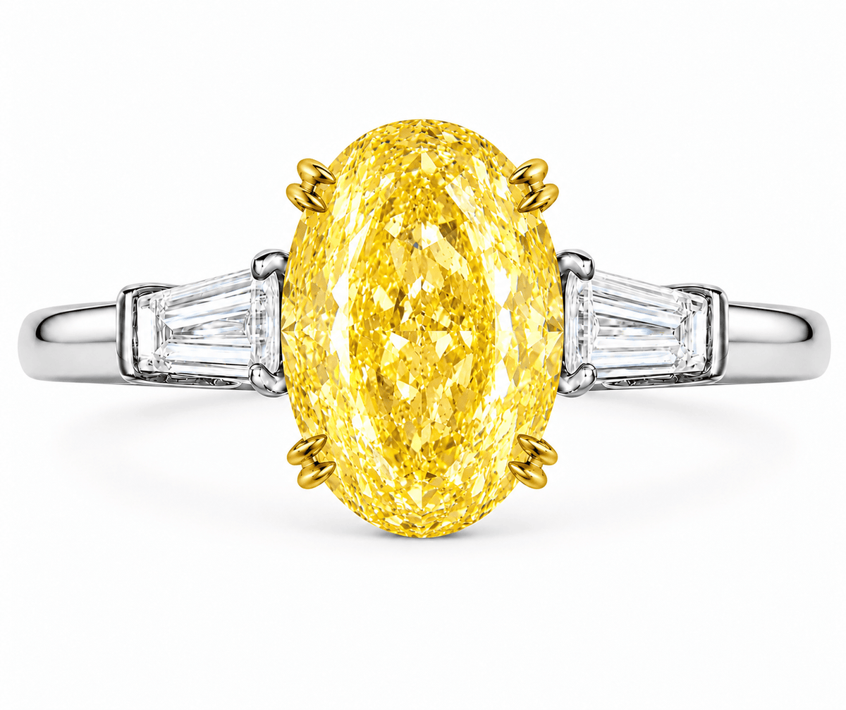 5.55 Carats Oval with Tapered Baguette Side Stones Fancy Intense Yellow Lab Grown Diamond Engagement Ring