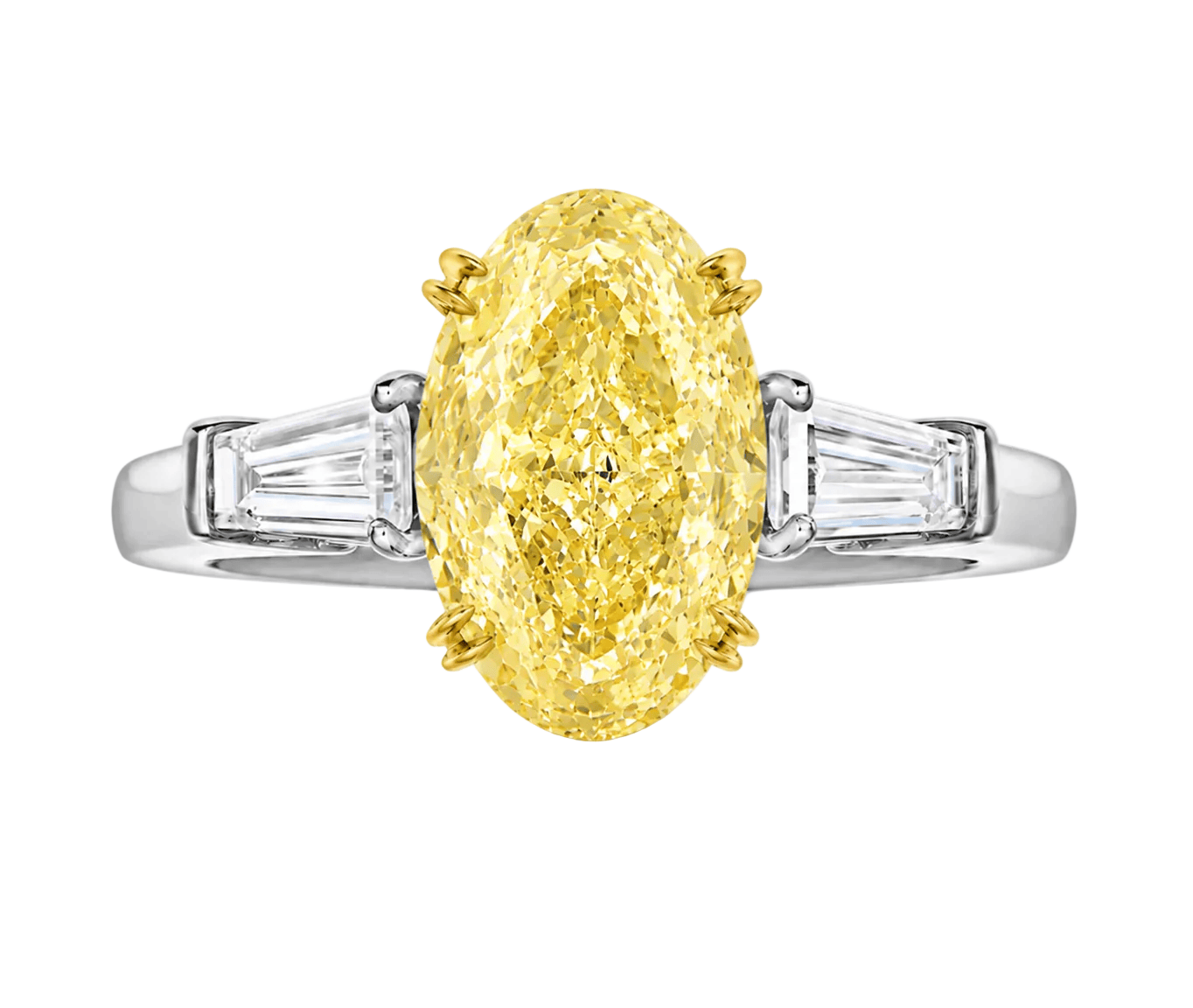 5.55 Carats Oval with Tapered Baguette Side Stones Fancy Intense Yellow Lab Grown Diamond Engagement Ring