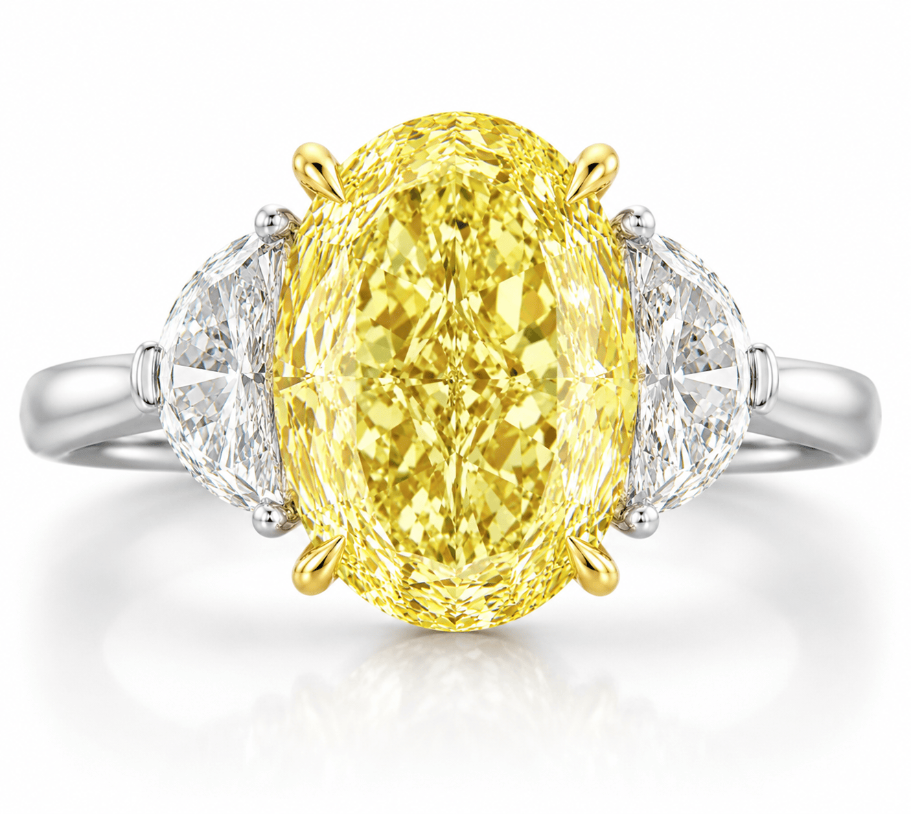 6.20 Carats Oval with Half Moon Side Stones Lab Grown Fancy Intense Yellow Diamond Engagement Ring