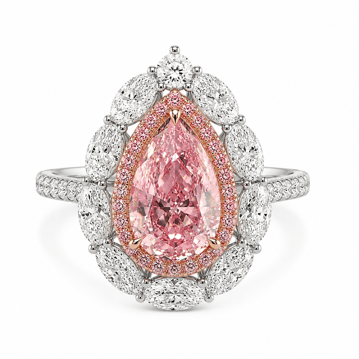 5 Carats Pear Shaped Fancy Vivid Pink High Jewelry Lab Grown Diamond Halo Cocktail Engagement Ring