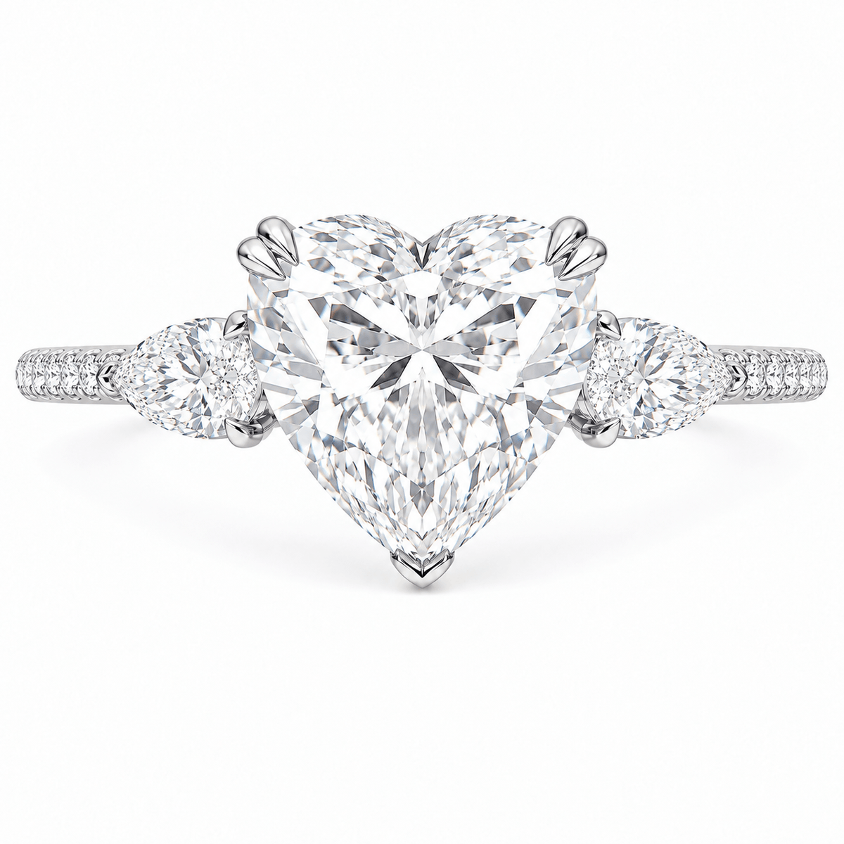 6.71 Carats Lab Grown Heart Shaped with Pear Side Stones Diamond Engagement Ring