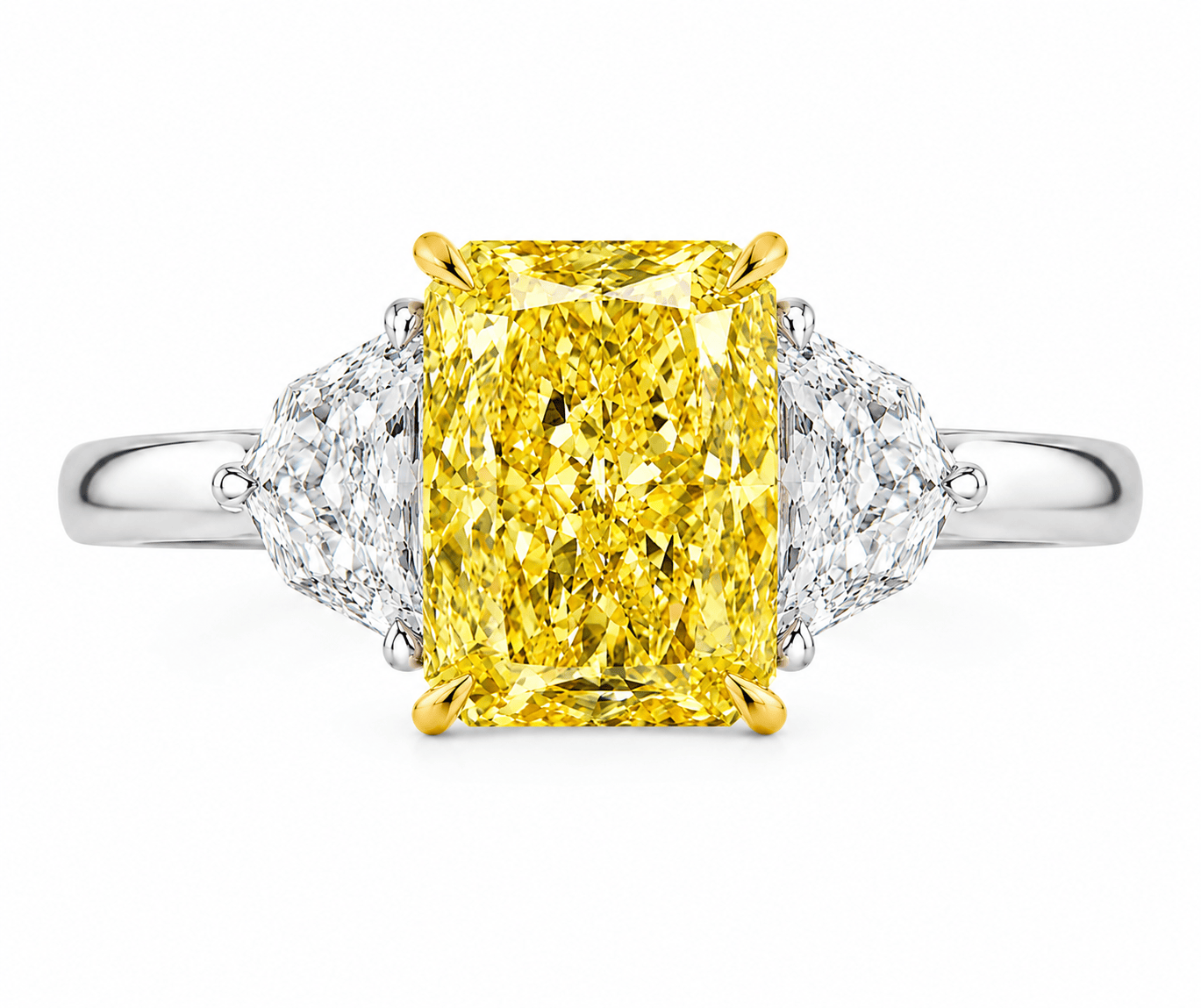 6.07 Carats Radiant with Epaulette Side Stones Lab Grown Fancy Vivid Yellow Diamond Engagement Ring