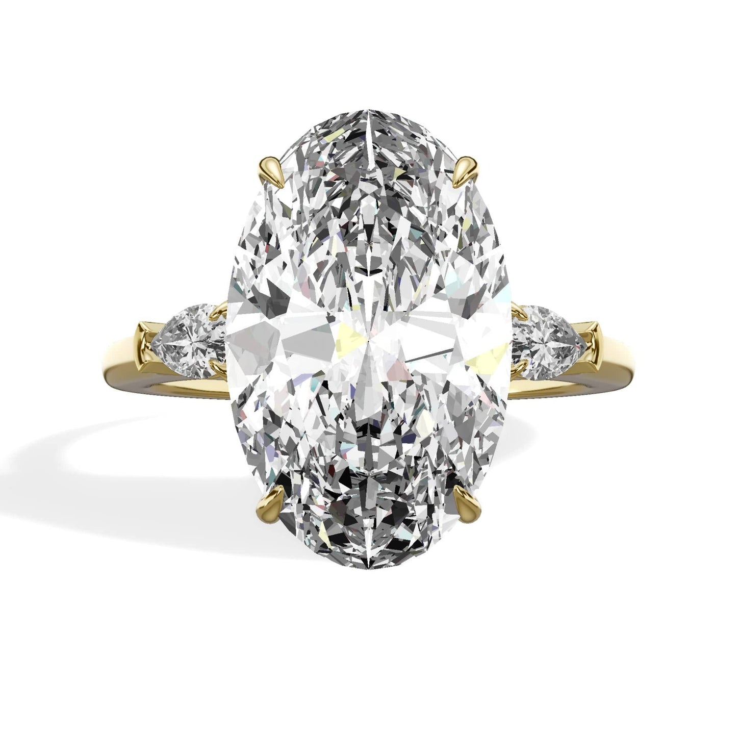 5.36 Carats Lab Grown Oval Cut with Pear Shape Side Stones Diamond Engagement Ring in Yellow Gold