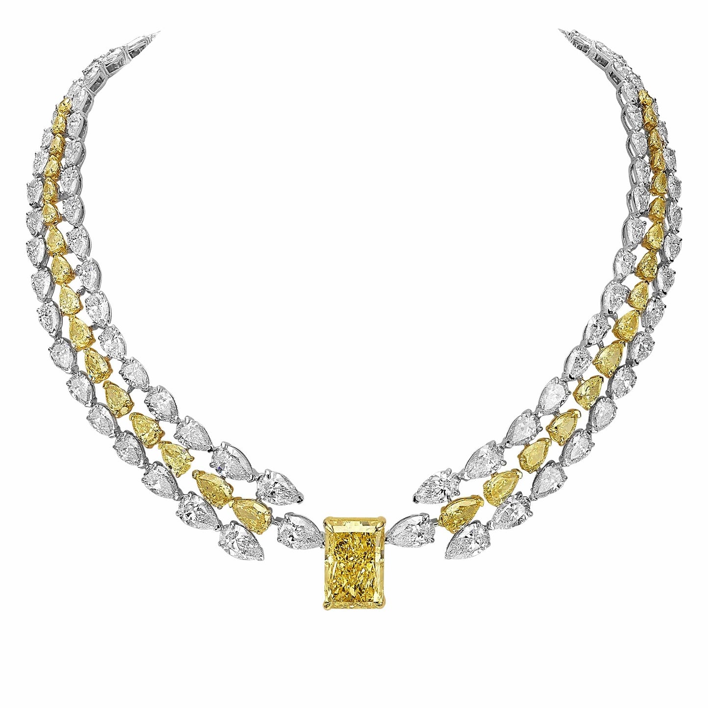 58.45 ct Fancy Vivid Yellow Radiant & Pear-Shaped Diamond Necklace in 14k Yellow & White Gold