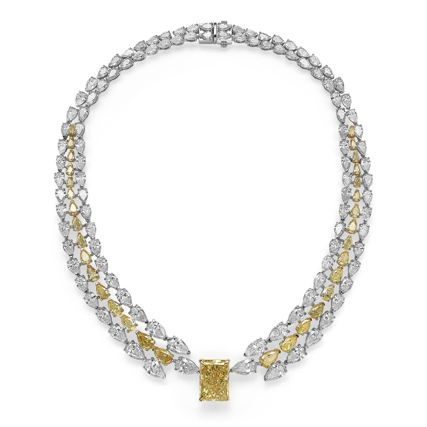 58.45 ct Fancy Vivid Yellow Radiant & Pear-Shaped Diamond Necklace in 14k Yellow & White Gold