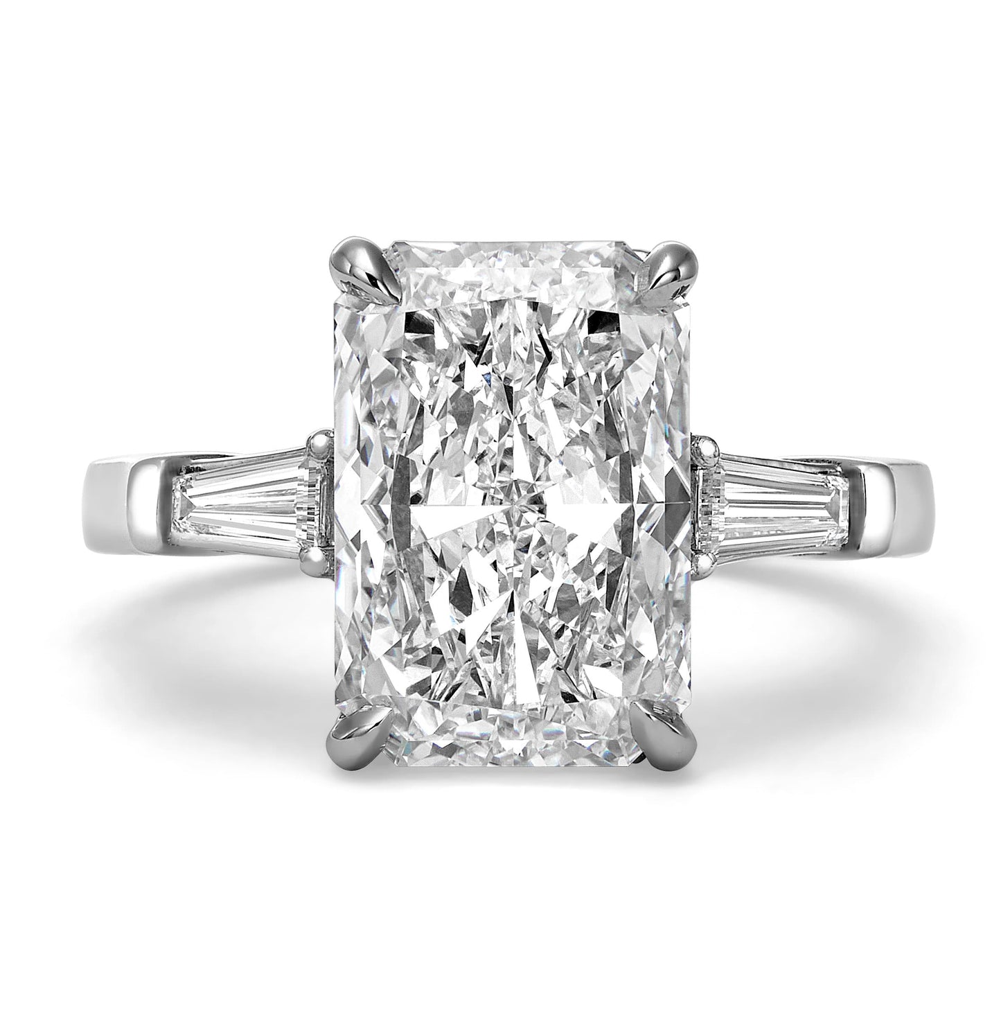 5.30 Carats Lab Grown Radiant Cut with Tapered Baguette Three Stone Diamond Engagement Ring