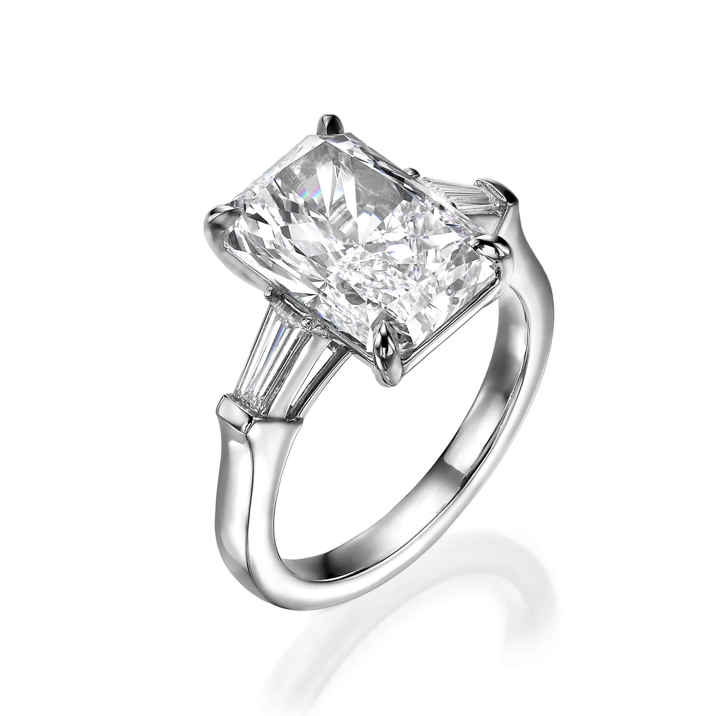 5.30 Carats Lab Grown Radiant Cut with Tapered Baguette Three Stone Diamond Engagement Ring