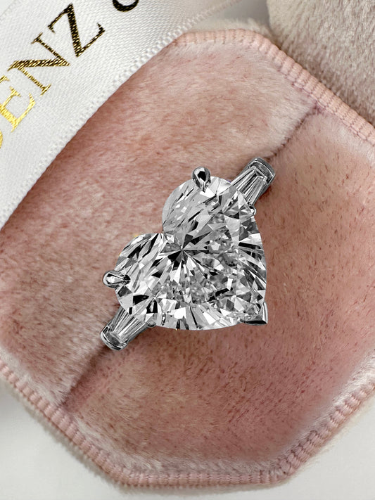 5.37 Carats Lab Grown Heart Shaped with Tapered Baguette Three Stone Diamond Engagement Ring