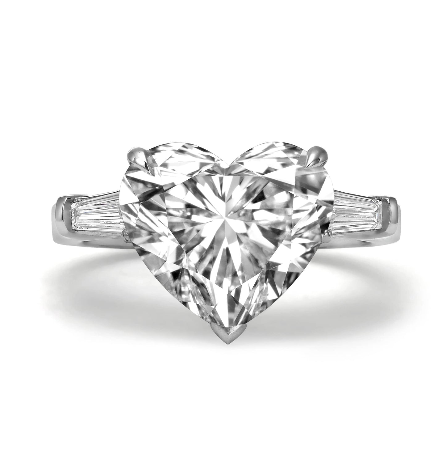 5.37 Carats Lab Grown Heart Shaped with Tapered Baguette Three Stone Diamond Engagement Ring