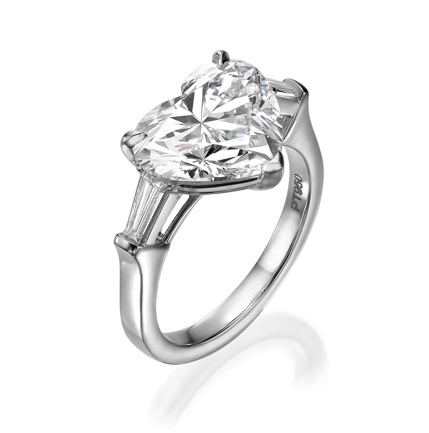 5.37 Carats Lab Grown Heart Shaped with Tapered Baguette Three Stone Diamond Engagement Ring