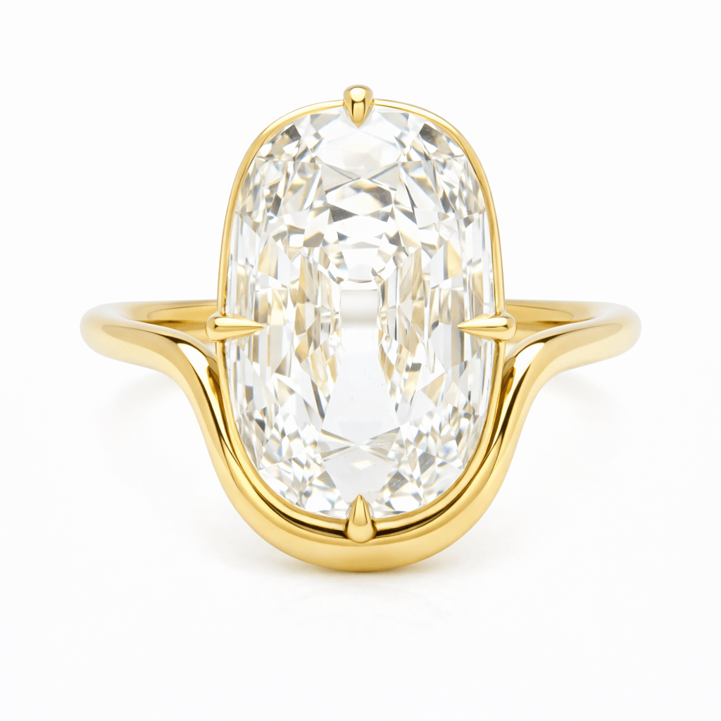 5 Carat Lab Grown Elongated Old Mine Cut Diamond Sinuous Solitaire Engagement Ring