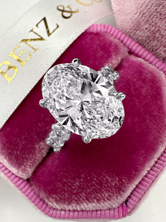7.06 Carats Lab Grown Oval Cut with Oval Side Stones Hidden Halo Diamond Engagement Ring In White Gold