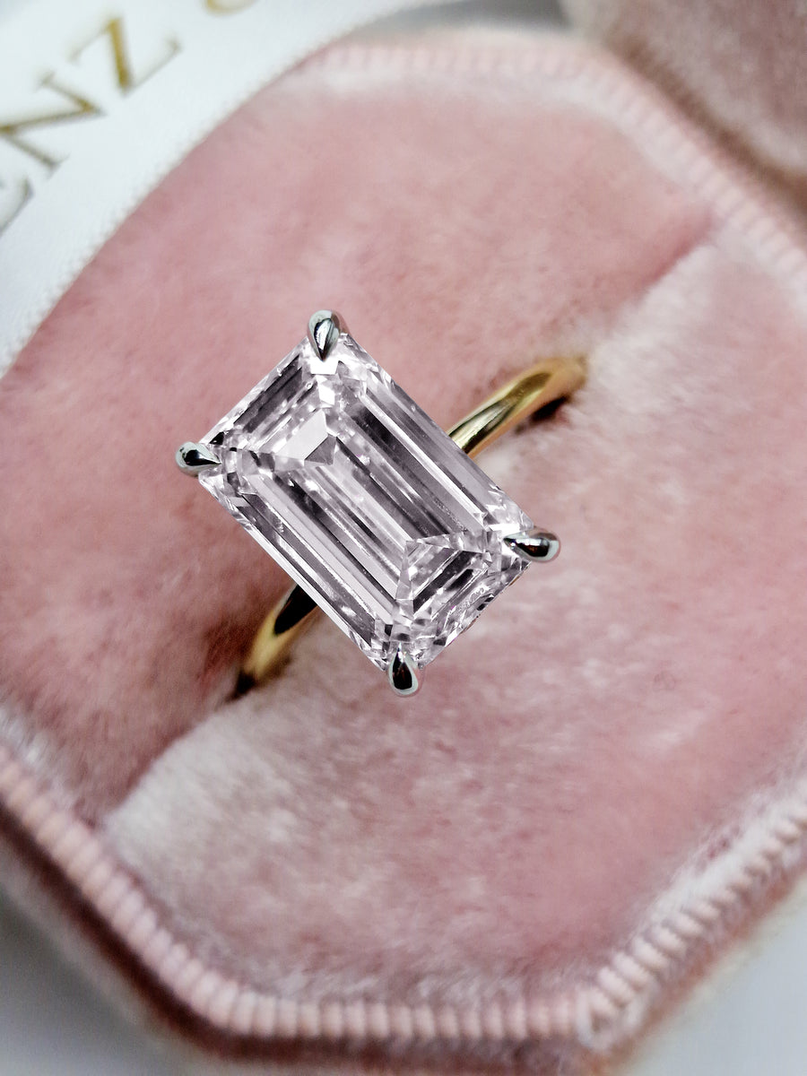 5.28 Carats Lab Grown Emerald Cut Two Tone Solitaire Hidden Halo Diamond Engagement Ring