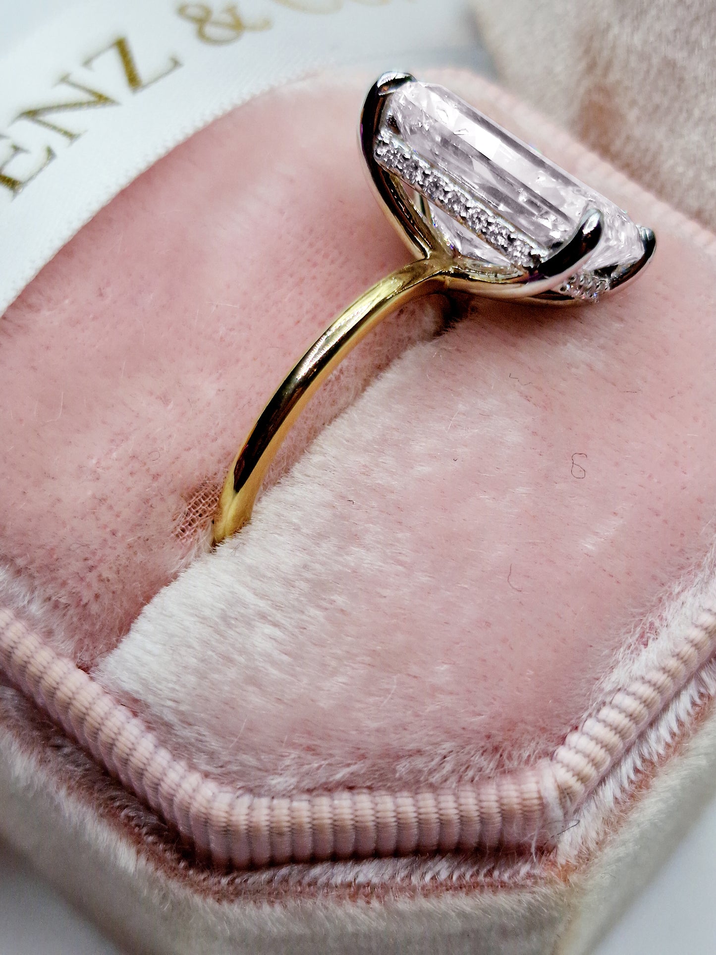5.28 Carats Lab Grown Emerald Cut Two Tone Solitaire Hidden Halo Diamond Engagement Ring