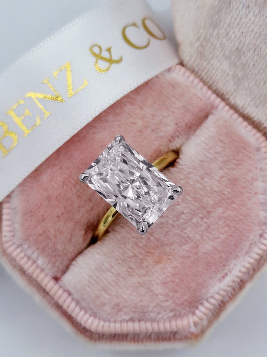 5.20 Carats Lab Grown Radiant Cut Two Tone Solitaire Hidden Halo Diamond Engagement Ring