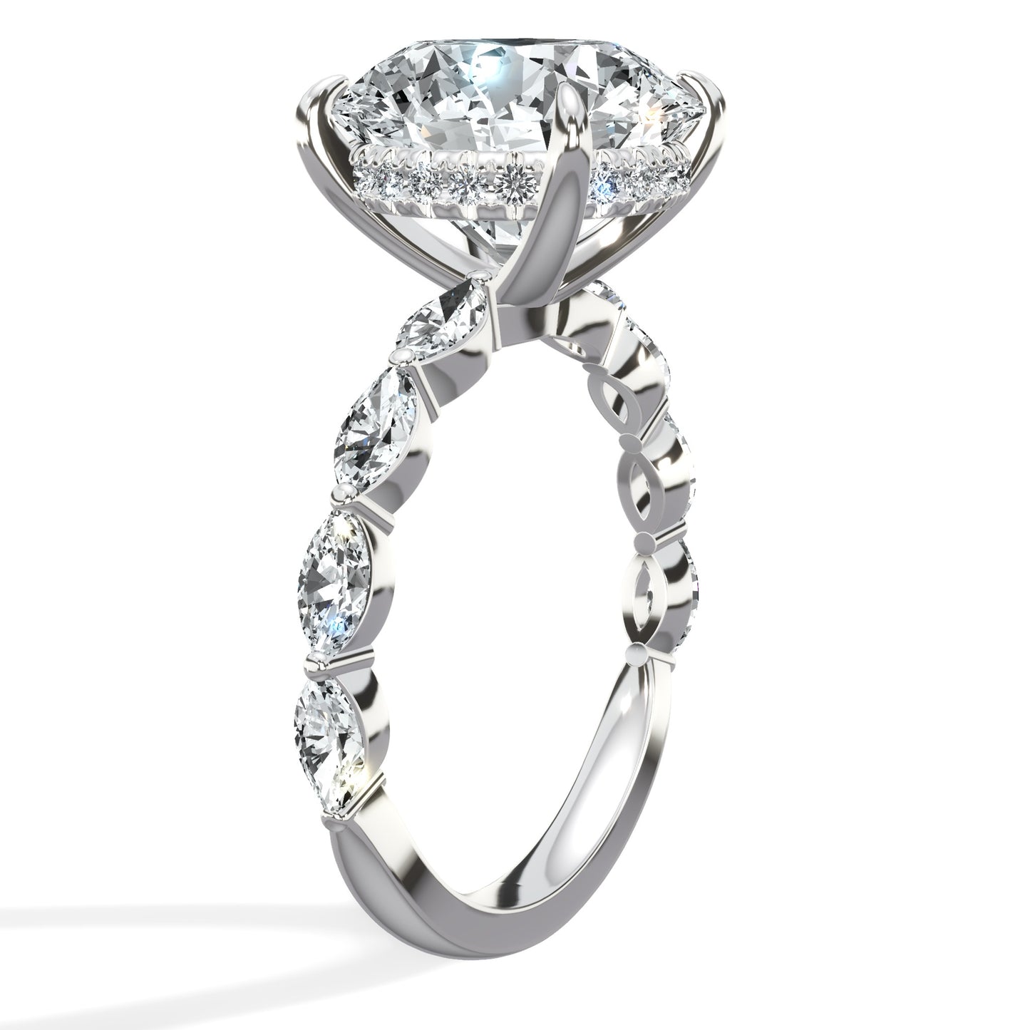 6.02 Carats Lab Grown Round Cut with Marquise Side Stones Hidden Halo Diamond Engagement Ring