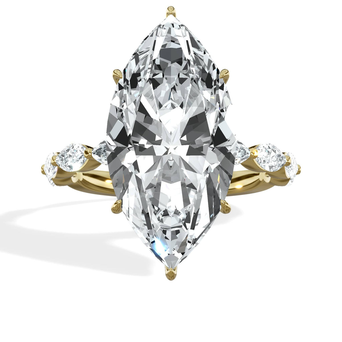 7 Carat Lab Grown Marquise Cut with Marquise Side Stones Hidden Halo Diamond Engagement Ring Yellow Gold