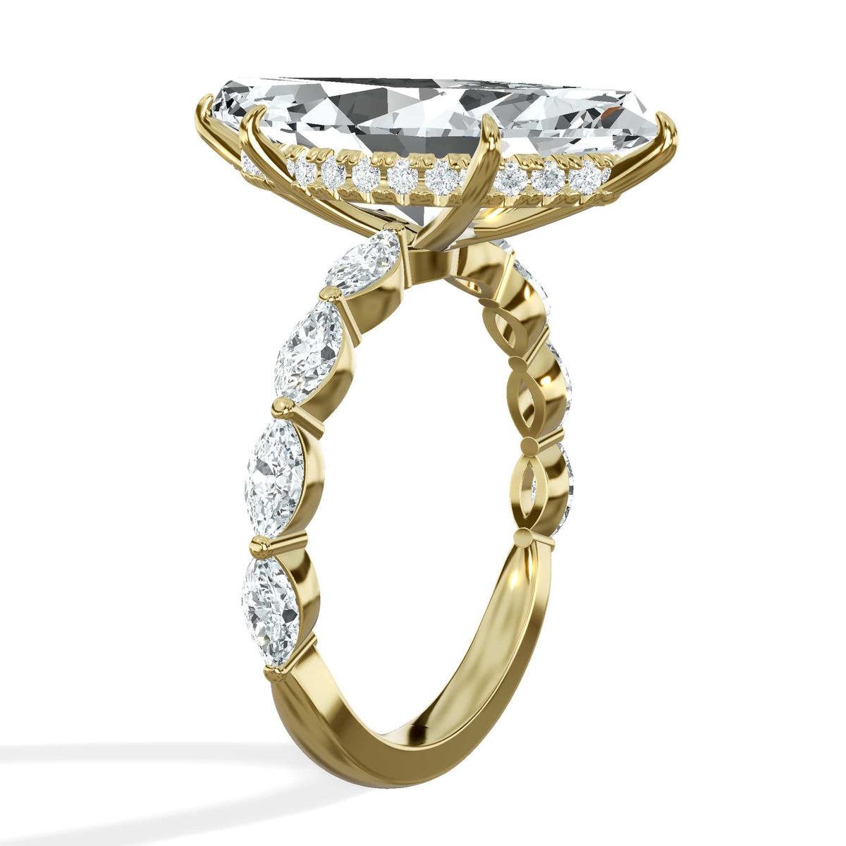 7 Carat Lab Grown Marquise Cut with Marquise Side Stones Hidden Halo Diamond Engagement Ring Yellow Gold