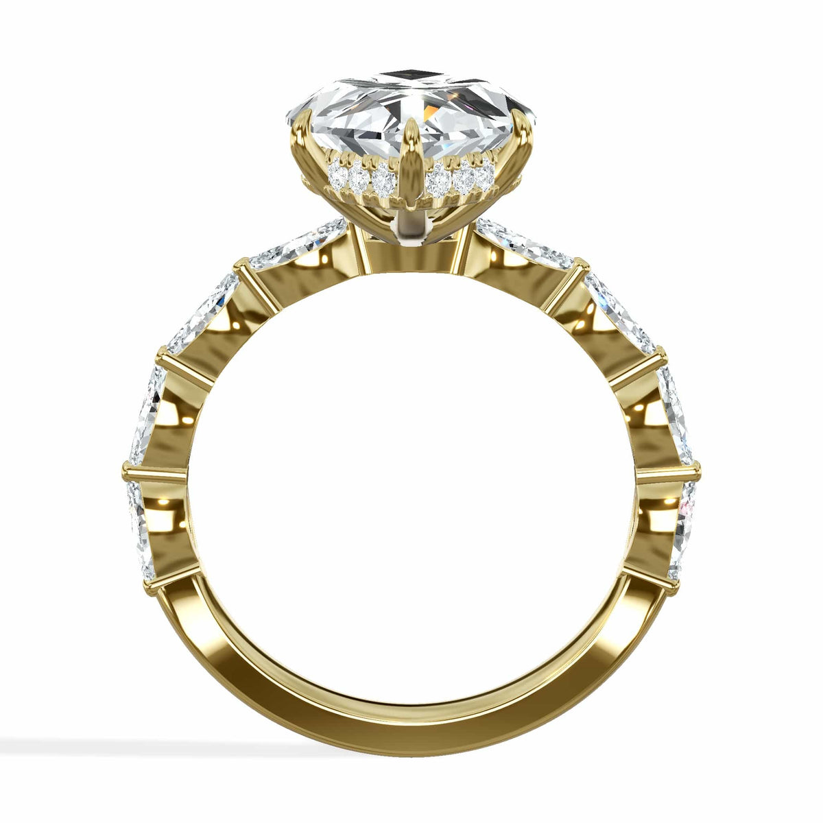 7 Carat Lab Grown Marquise Cut with Marquise Side Stones Hidden Halo Diamond Engagement Ring Yellow Gold