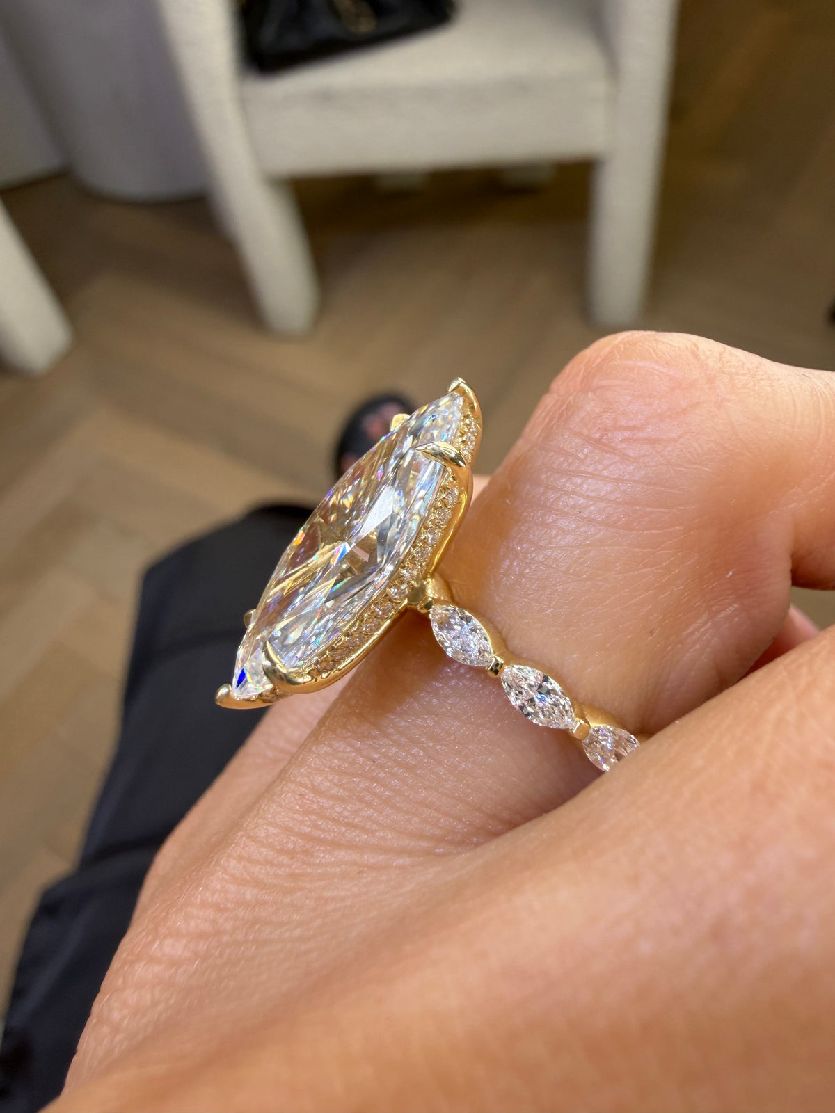 7 Carat Lab Grown Marquise Cut with Marquise Side Stones Hidden Halo Diamond Engagement Ring Yellow Gold