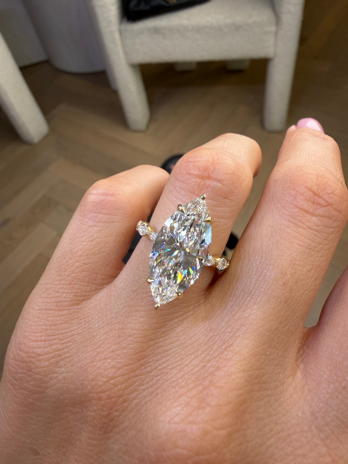 7 Carat Lab Grown Marquise Cut with Marquise Side Stones Hidden Halo Diamond Engagement Ring Yellow Gold
