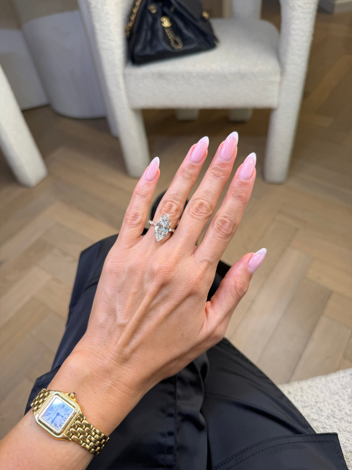 7 Carat Lab Grown Marquise Cut with Marquise Side Stones Hidden Halo Diamond Engagement Ring Yellow Gold