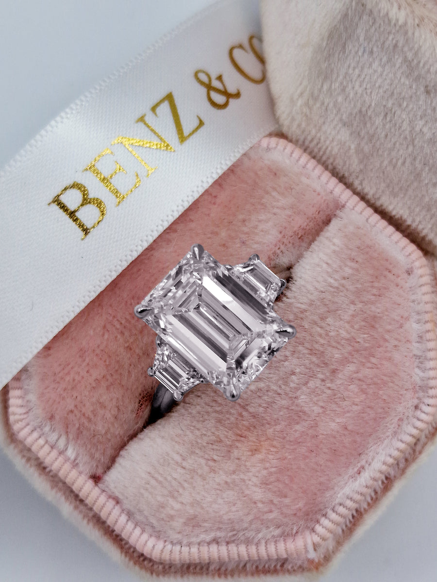 7.57 Carats Lab Grown Emerald Cut with Trapezoid Side Stones Diamond Engagement Ring