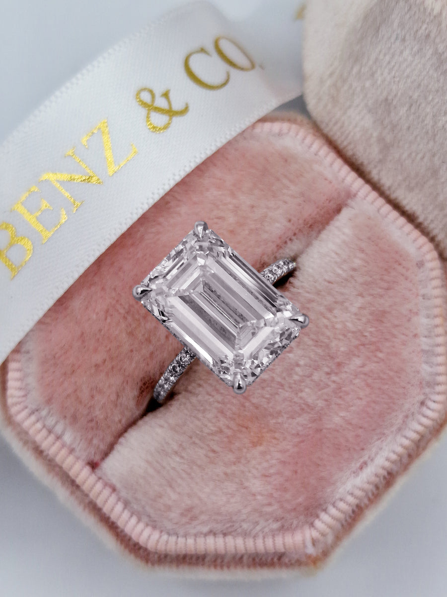 8.15 Carats Lab Grown Emerald Cut Micropaved Side Stones Hidden Halo Diamond Engagement Ring