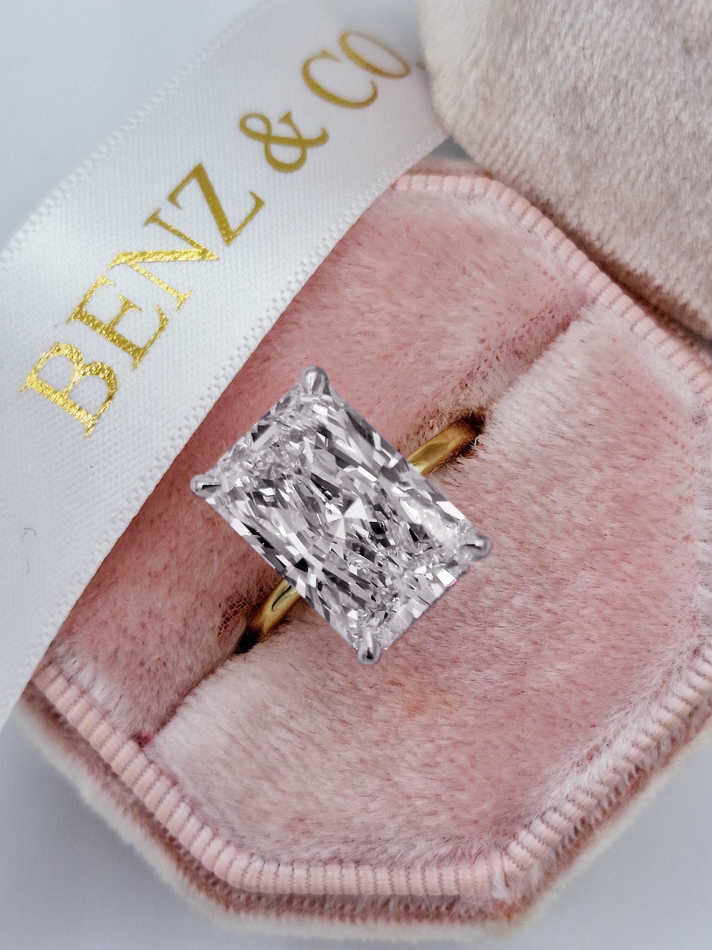 8.25 Carats Lab Grown Radiant Cut Two Tone Solitaire Hidden Halo Diamond Engagement Ring