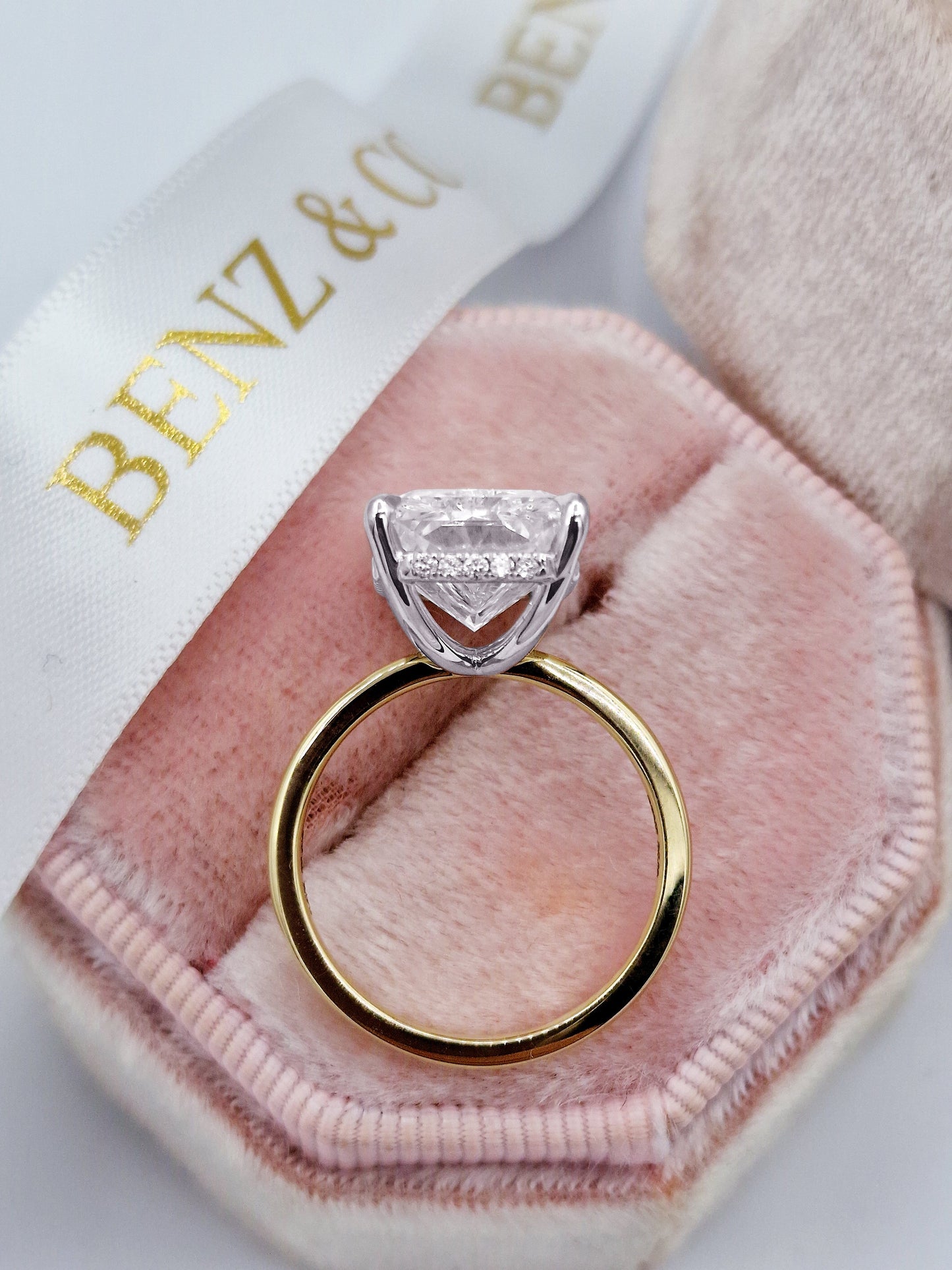 8.25 Carats Lab Grown Radiant Cut Two Tone Solitaire Hidden Halo Diamond Engagement Ring