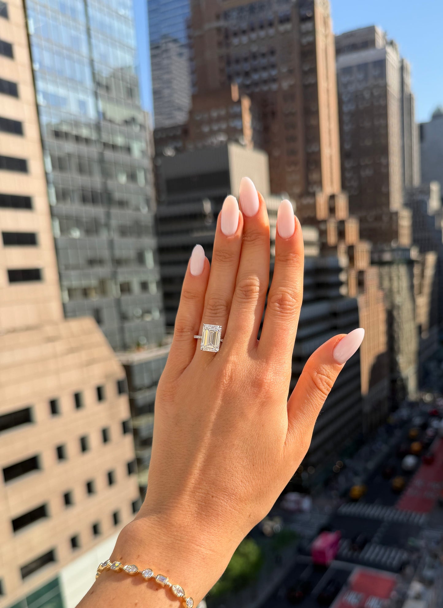 8.15 Carats Lab Grown Emerald Cut Micropaved Side Stones Hidden Halo Diamond Engagement Ring