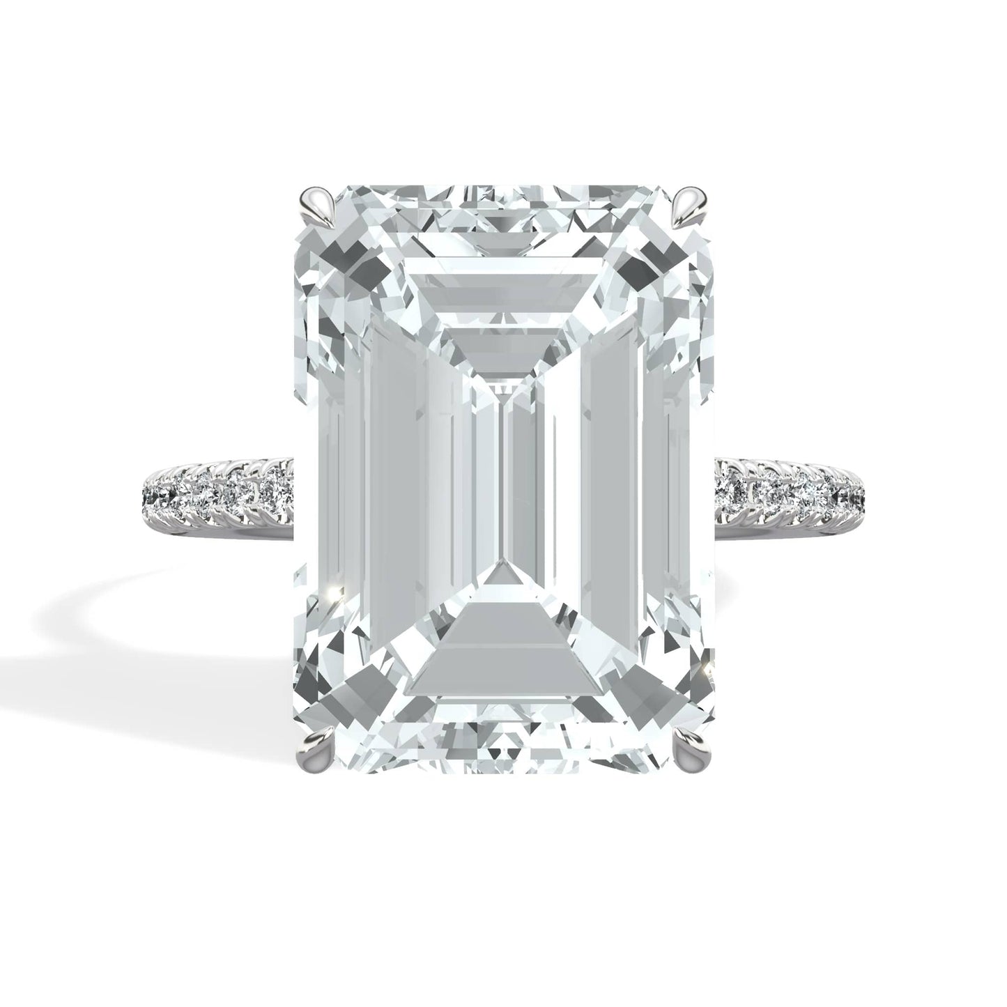 8.15 Carats Lab Grown Emerald Cut Micropaved Side Stones Hidden Halo Diamond Engagement Ring
