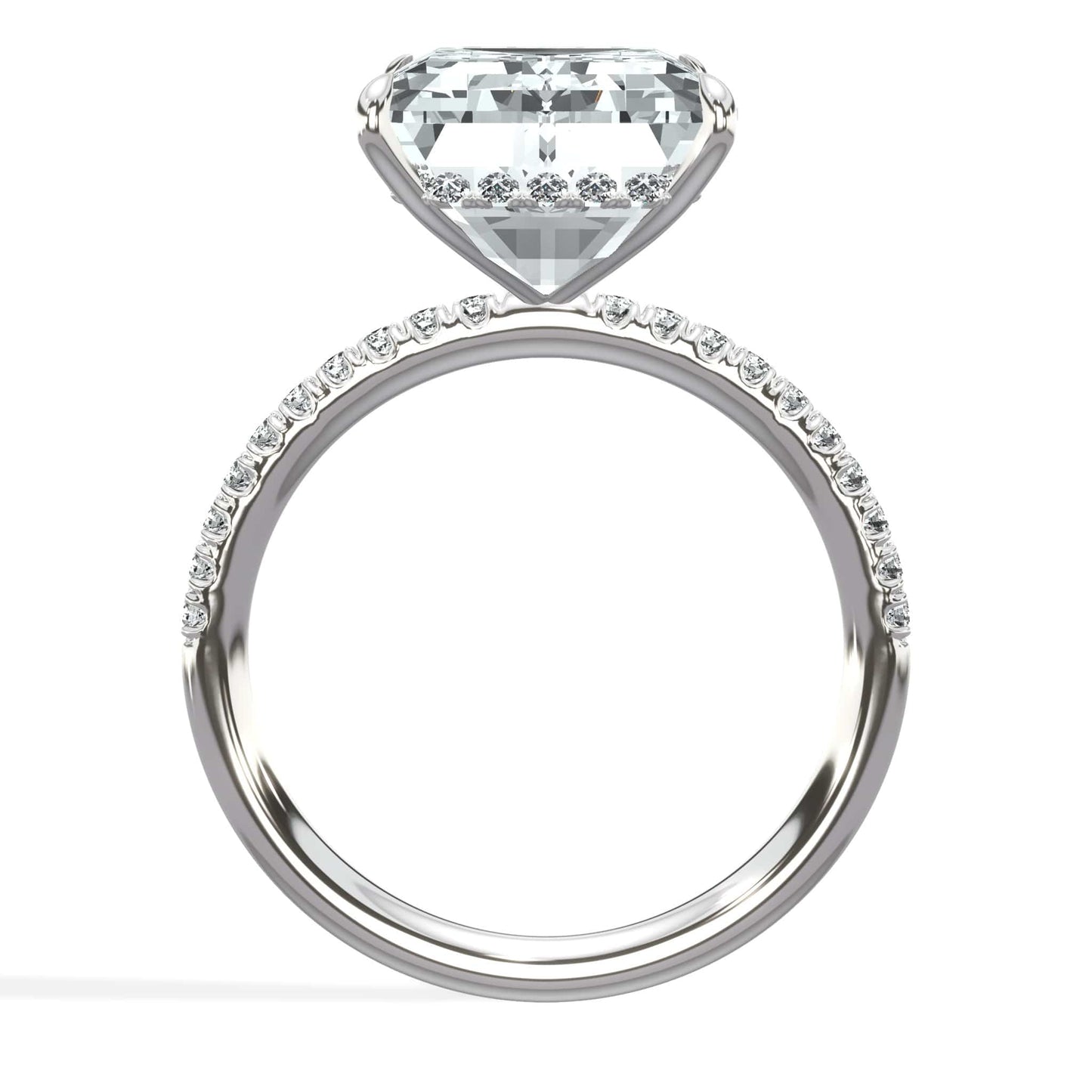 8.15 Carats Lab Grown Emerald Cut Micropaved Side Stones Hidden Halo Diamond Engagement Ring