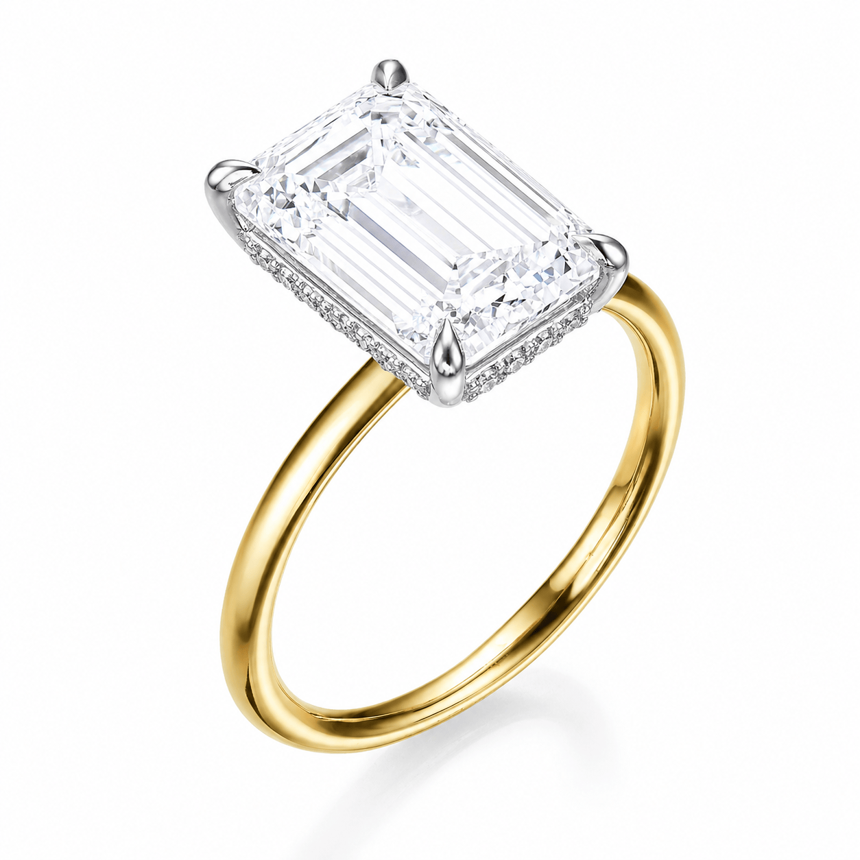 8.27 Carats Lab Grown Emerald Cut Two Tone Solitaire Hidden Halo Diamond Engagement Ring