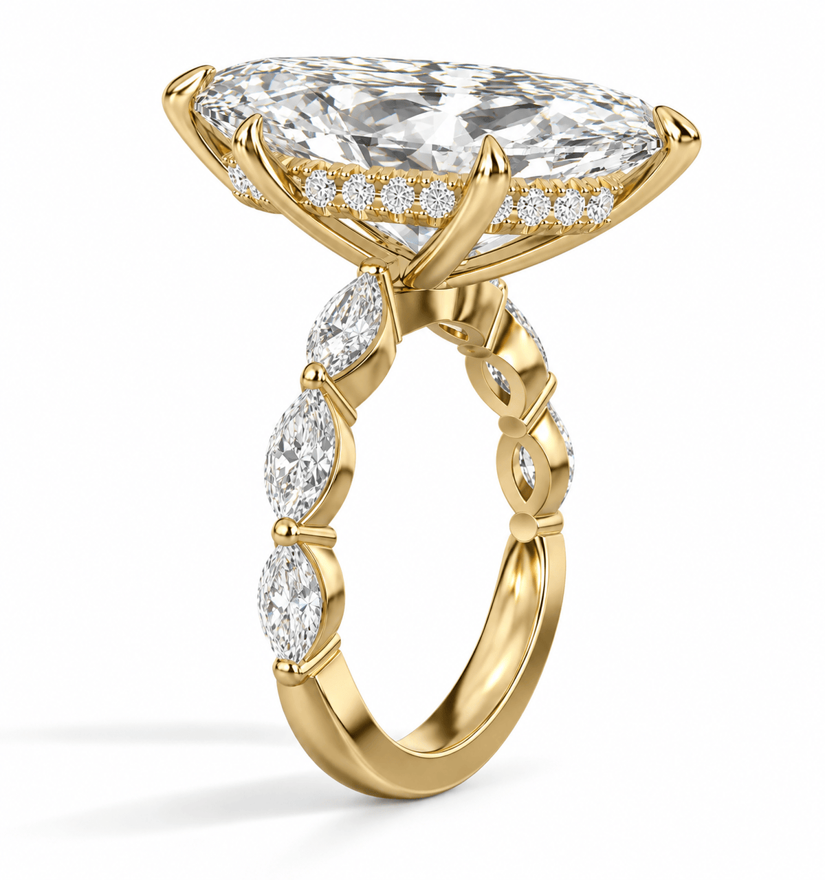 9 Carat Lab Grown Marquise Cut with Marquise Side Stones Hidden Halo Diamond Engagement Ring Yellow Gold