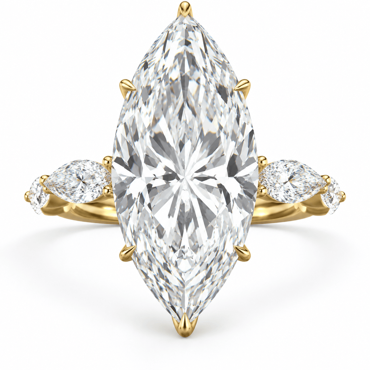 9 Carat Lab Grown Marquise Cut with Marquise Side Stones Hidden Halo Diamond Engagement Ring Yellow Gold