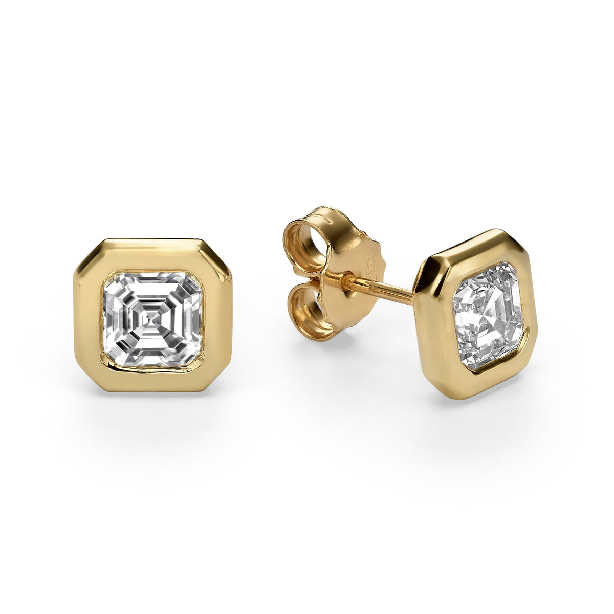 2 ct Asscher Cut Natural Diamond Bezel Set Stud Earrings Yellow Gold