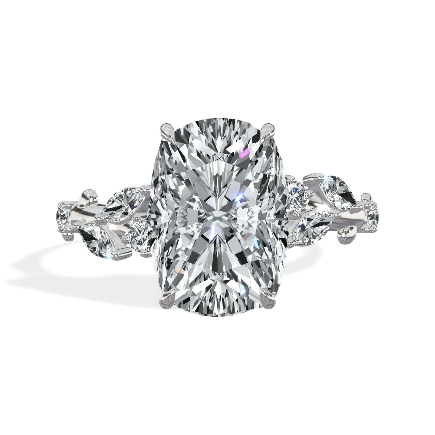 3.36 Carats Lab Grown Elongated Cushion Cut Diamond Floral Engagement Ring White Gold