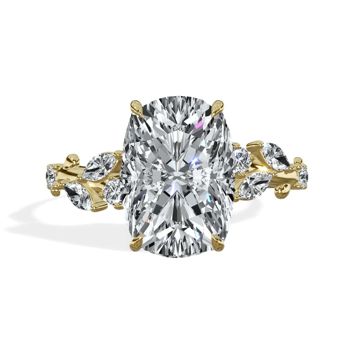 3.36 Carats Lab Grown Elongated Cushion Cut Diamond Floral Engagement Ring Yellow Gold