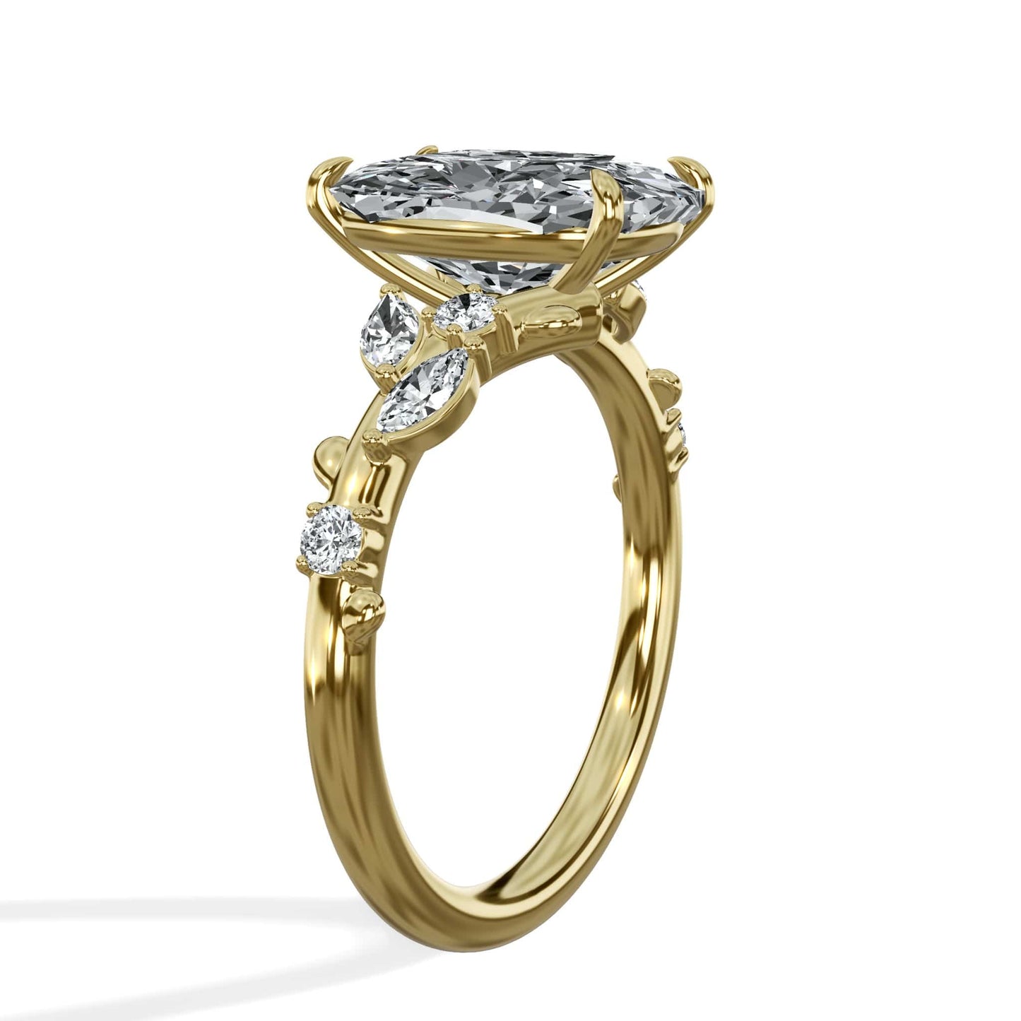 3.36 Carats Lab Grown Elongated Cushion Cut Diamond Floral Engagement Ring Yellow Gold