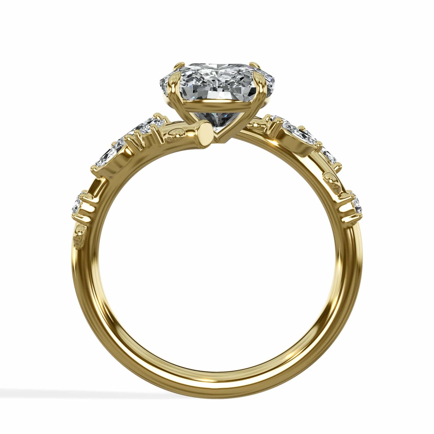 3.36 Carats Lab Grown Elongated Cushion Cut Diamond Floral Engagement Ring Yellow Gold