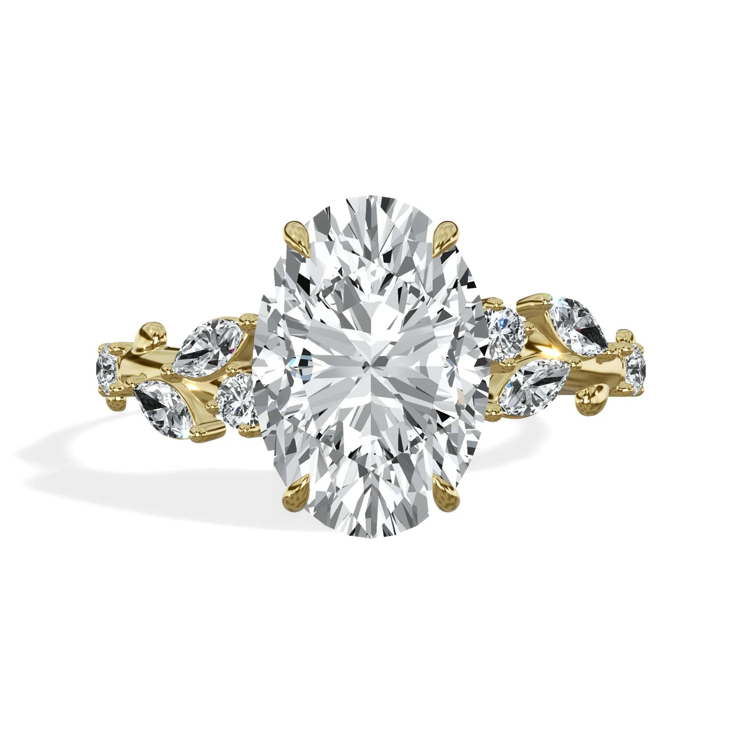 3.36 Carats Lab Grown Oval Cut Diamond Floral Engagement Ring Yellow Gold