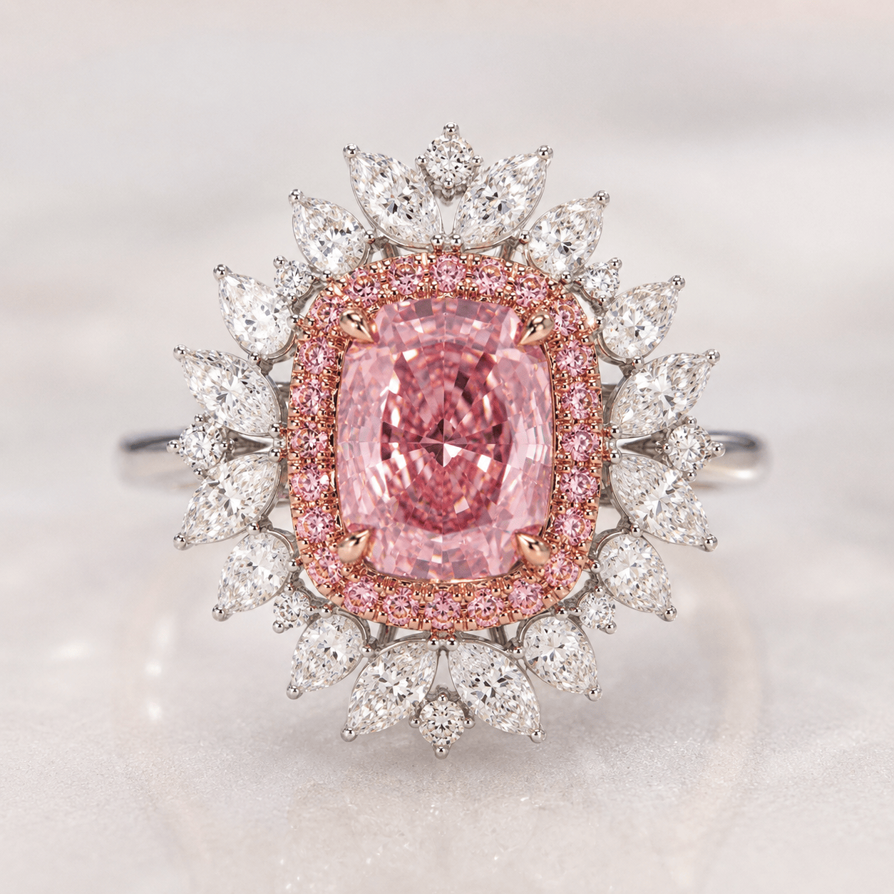 3.52 Carats Cushion Cut Fancy Vivid Pink High Jewelry Lab Grown Diamond Halo Cocktail Engagement Ring
