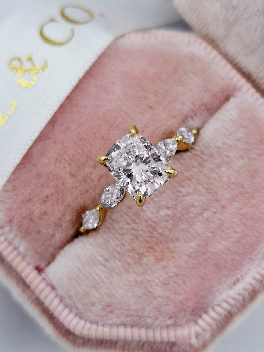 2.15 Carats Lab Grown Cushion Cut with Marquise Side Stones Hidden Halo Diamond Engagement Ring