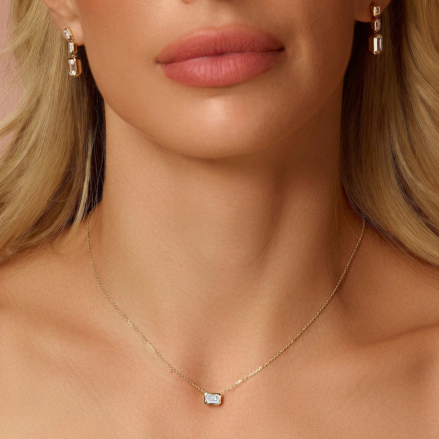 1 Carat Lab Grown Emerald Cut Bezel Set East-West Diamond Solitaire Pendant Necklace