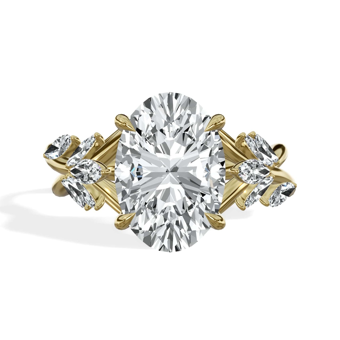 3.50 Carats Lab Grown Oval Cut with Marquise Side Stones Nature Garden Diamond Engagement Ring Yellow Gold