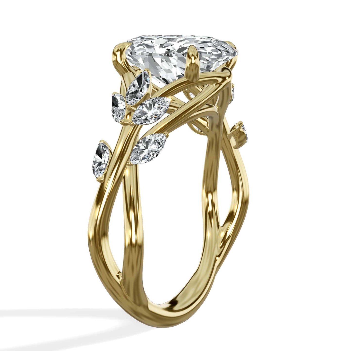 3.50 Carats Lab Grown Oval Cut with Marquise Side Stones Nature Garden Diamond Engagement Ring Yellow Gold