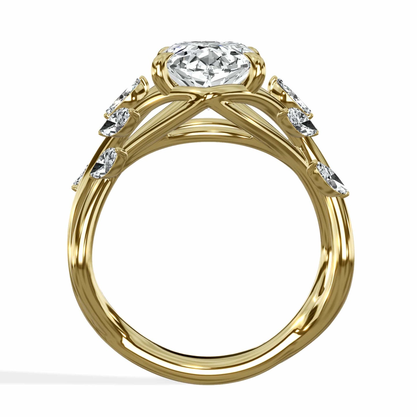 3.50 Carats Lab Grown Oval Cut with Marquise Side Stones Nature Garden Diamond Engagement Ring Yellow Gold